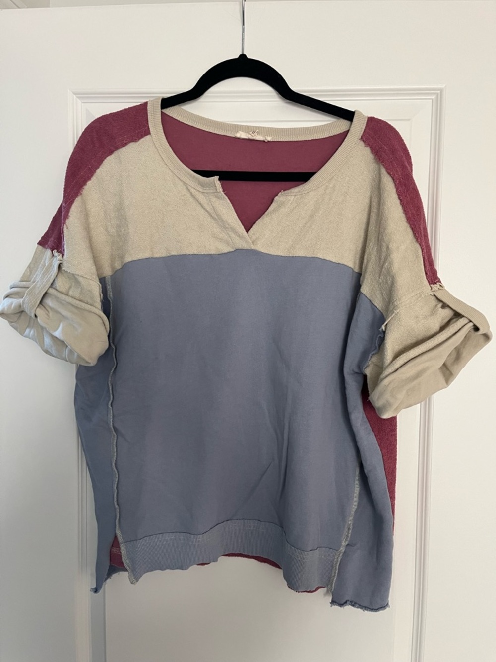 Womens Colorblock Pullover Top in Dusty Blue, Cream & Mauve